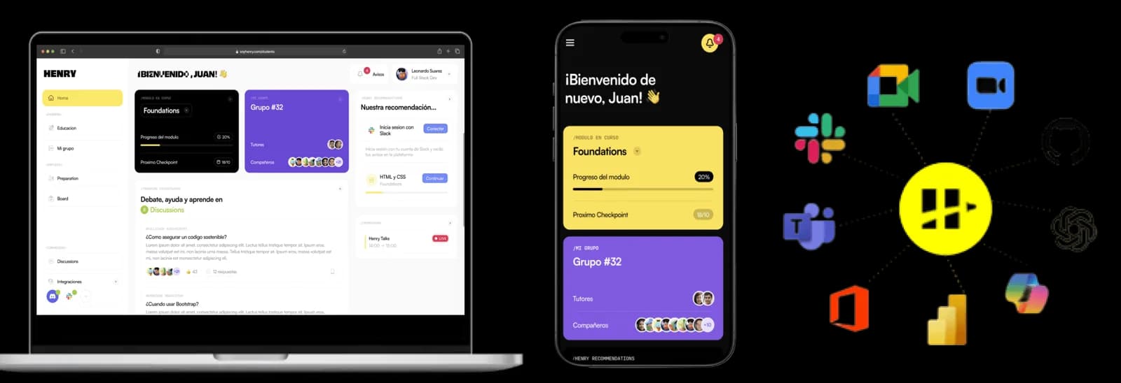 La plataforma de Henry en laptop y celular, conectada con Slack, Teams, Zoom, GitHub y otras herramientas de trabajo